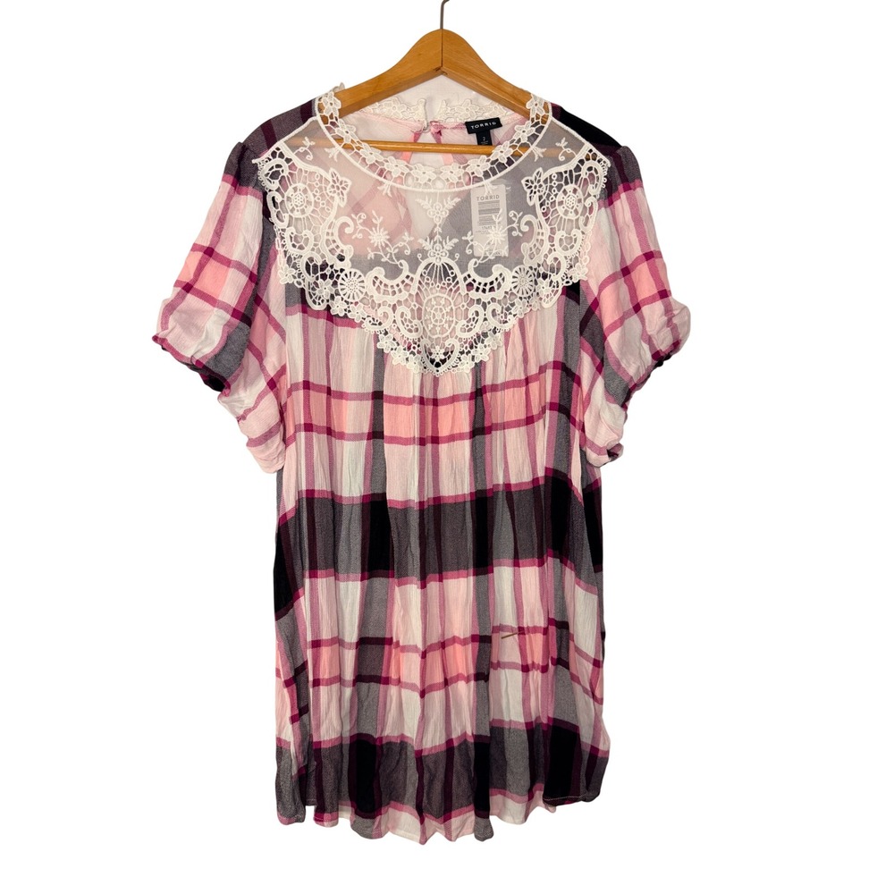 New Torrid Pink Purple Plaid Crochet Lace Trim Blouse 2X 18-20 Western Country